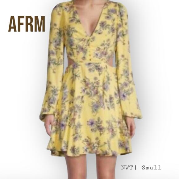 NEW AFRM Button Down Yellow Garden Floral Mini Cutout Dress Small NWT - Picture 1 of 12